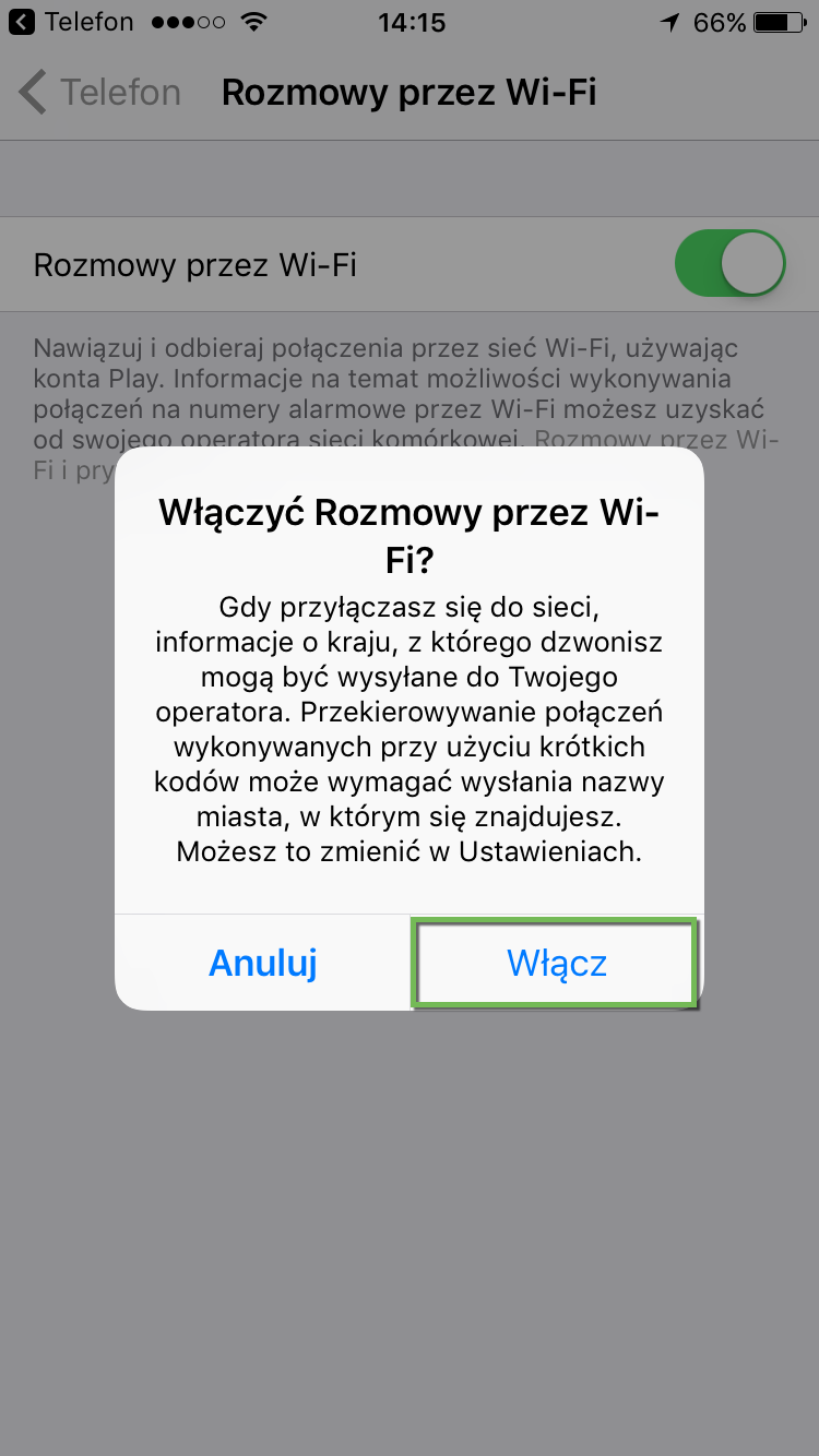 Rozmowy przez Wi-Fi Włącz