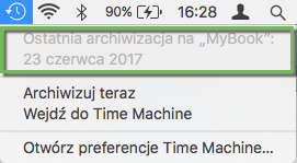 Menu Time Machine ostatnia archiwizacja